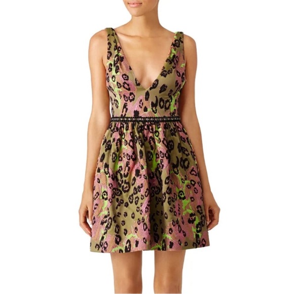 NWT Marchesa Notte Arielle Leopard Print Short Mini Dress Pink/Green Size 10